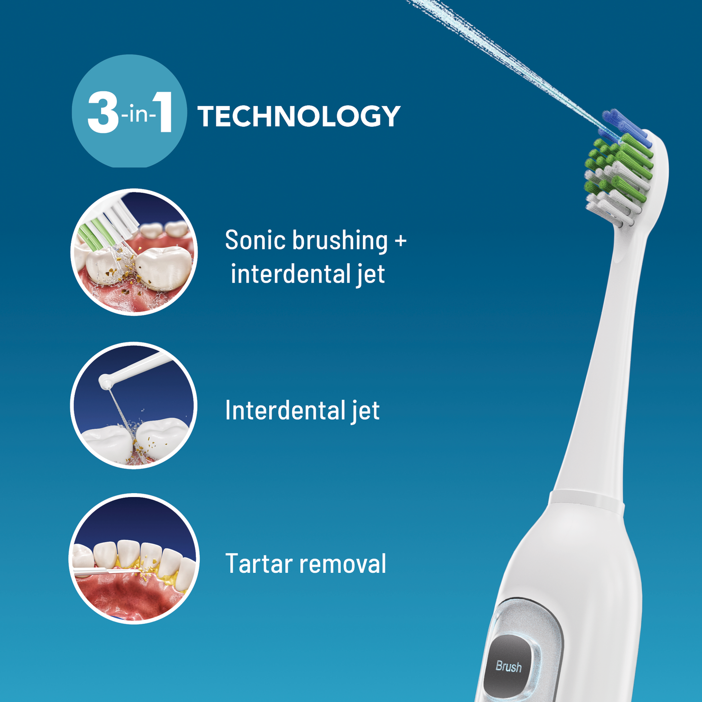 Brosse à dents 3-en-1 : brossage, jet interdentaire, détartrage