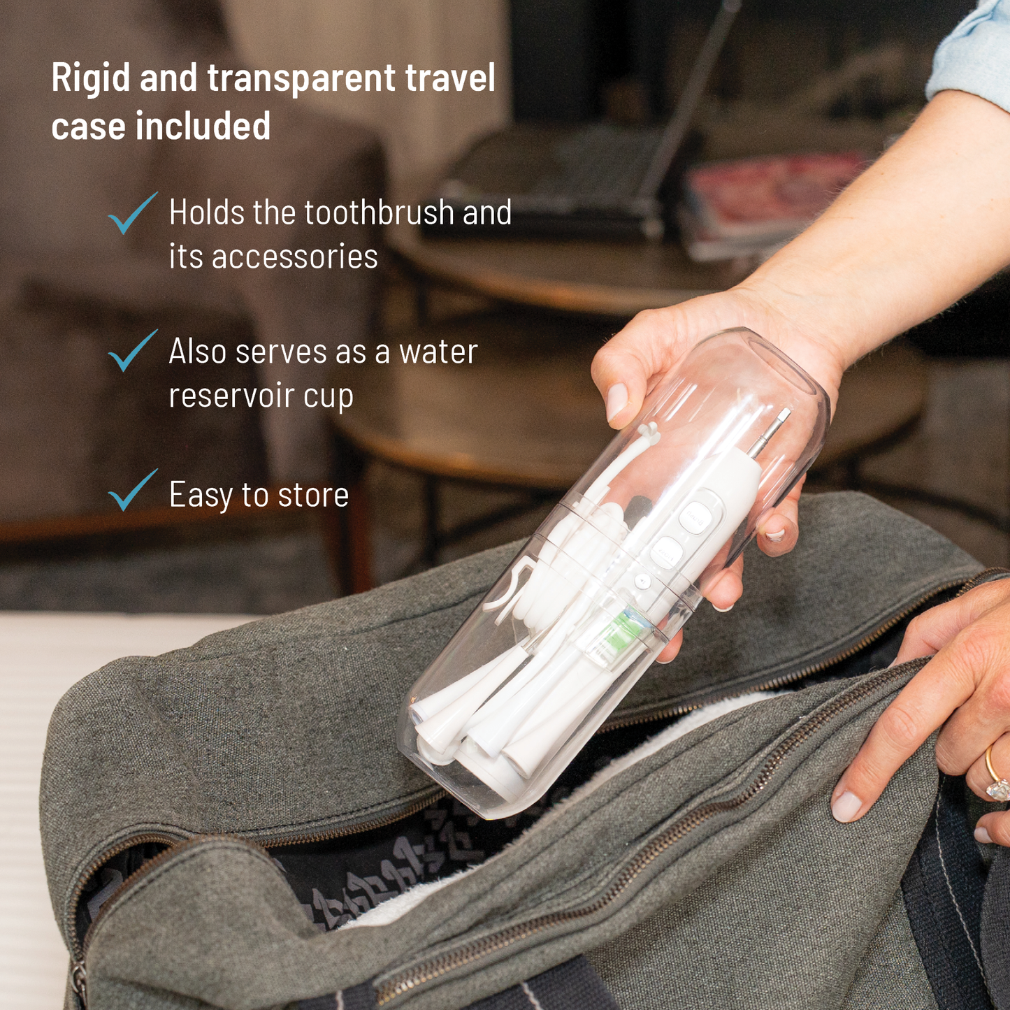 Brosse à dents 3-en-1 : brossage, jet interdentaire, détartrage