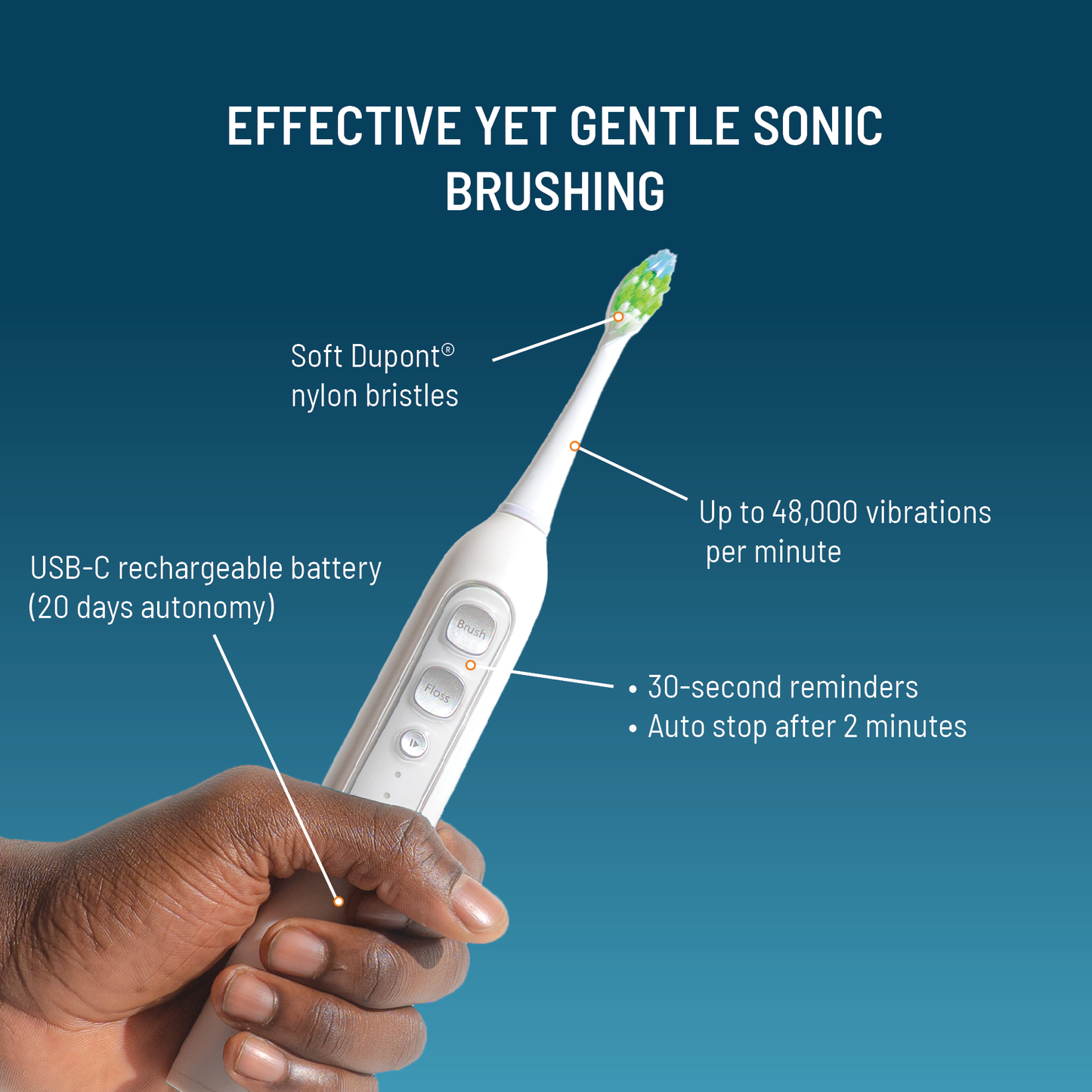 Brosse à dents 3-en-1 : brossage, jet interdentaire, détartrage